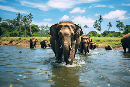 河流中的野生大象图片