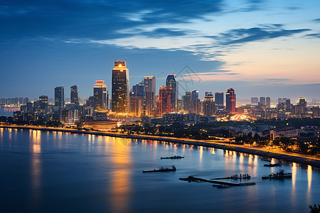 夜幕下的沿海城市建筑景观图片