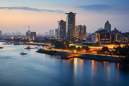 夏季日落时沿海城市的繁华景观背景图片