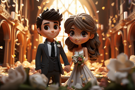 卡通新娘和新郎的婚礼服装背景图片