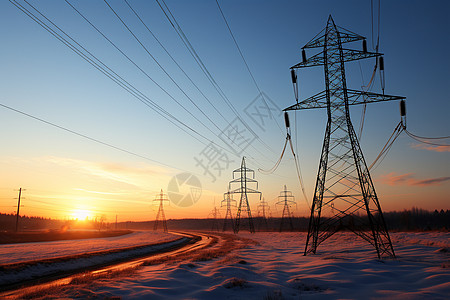 冬日黄昏下的电力变压器图片