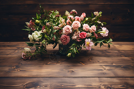 木桌上的鲜花背景图片