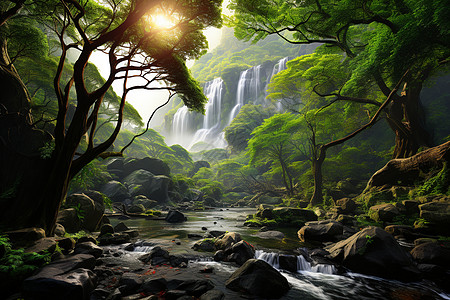 阳光下的森林瀑布图片