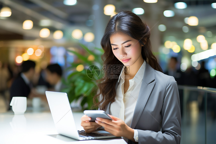 穿着职业套装的女性看着平板电脑图片
