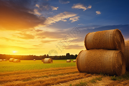 金黄麦田间的麦秆垛图片