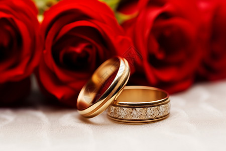 两枚戒指和红玫瑰图片