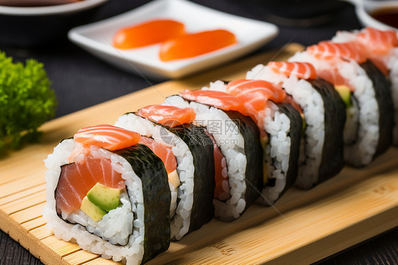 美味的日式寿司摆放在盘子上图片