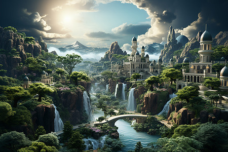 仙境中的瀑布城堡背景图片