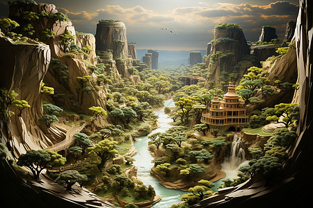 梦幻的山林河流景观插图图片
