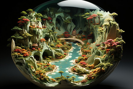 立体球形山林河流插图图片