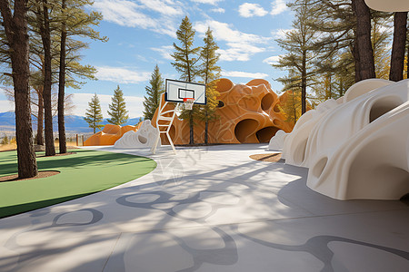 独特建筑的公园篮球场背景图片