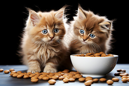 两只小猫一起在餐桌上的碗里吃饭图片