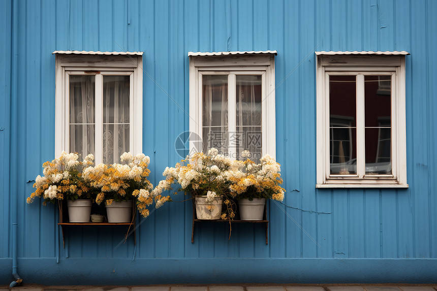 蓝色墙壁上的花砖路冰岛传统建筑中的一幢蓝色建筑物图片