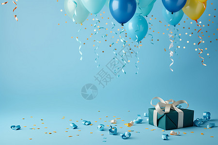 蓝色派对的礼物盒和气球图片