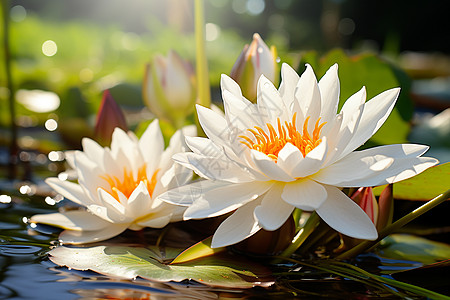 中国风荷花水面漂浮着两朵白莲花背景