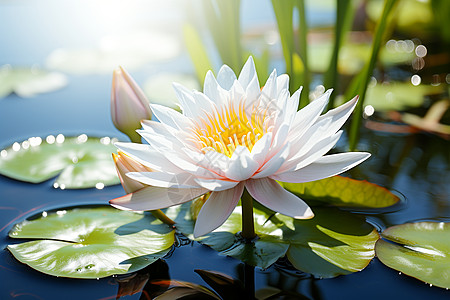 在池塘里莲花水莲花盛开在湖面背景