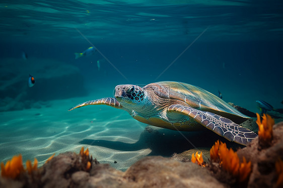 海洋奇遇海龟与鱼群图片