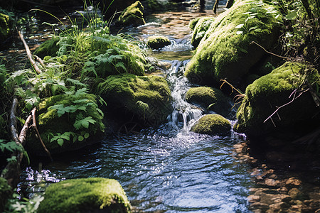 溪流穿过郁郁葱葱的绿色森林图片