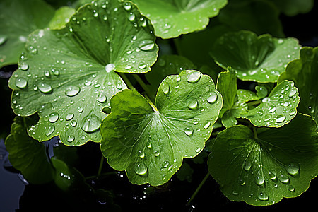 新鲜绿叶上的水滴图片