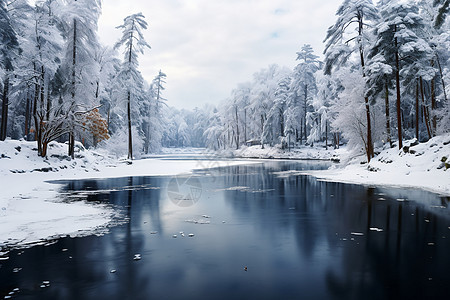 森林中的湖泊和冰雪图片