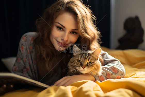 床上的猫咪和女人图片