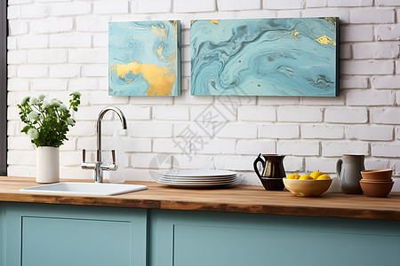 砖墙油画装饰厨房背景图片