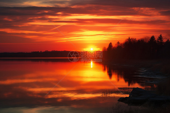 日落时的湖泊美景图片