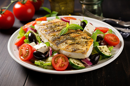 鱼肉沙拉健康的低脂的鱼肉和蔬菜背景