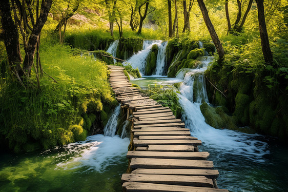 神秘森林中的木桥和瀑布图片