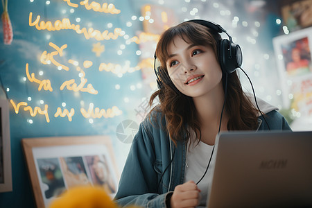 戴着耳机的女学生图片