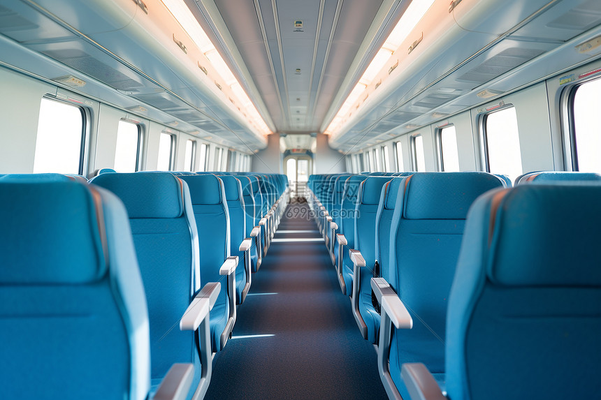 现代列车中的蓝色座椅图片