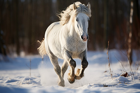 雪地中奔跑的白马图片