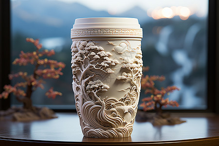 白色立体立体山林装饰的纸杯背景