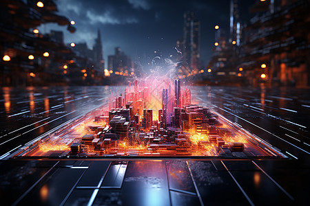 爆炸科技数码科技的城市大楼背景