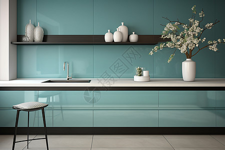蓝色系现代简约的厨房家居设计图片