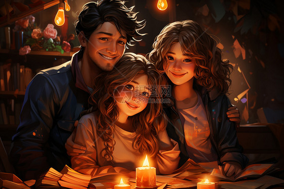 烛光前幸福的一家人图片