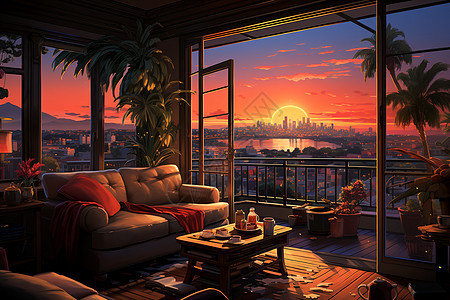 俯瞰城市夕阳的客厅图片
