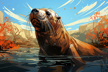 水面上觅食的海狮图片