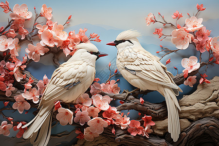 3D剪纸风的鸟类花卉插图图片