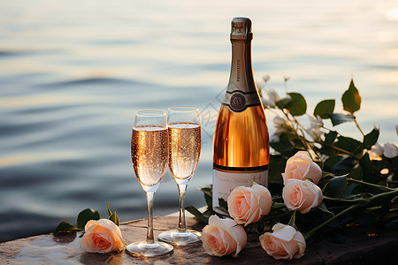 浪漫庆祝香槟与鲜花背景图片