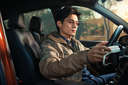 喝咖啡男子坐在车里背景图片