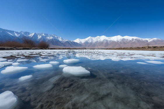 雪山下结冰的河流图片