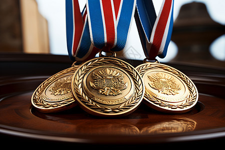 木桌上面的荣誉奖牌图片