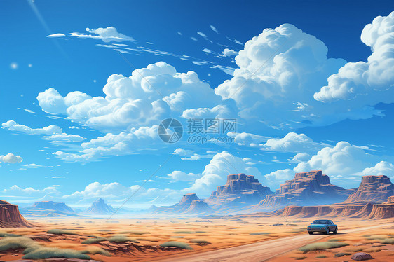 天空下沙漠行驶的汽车图片