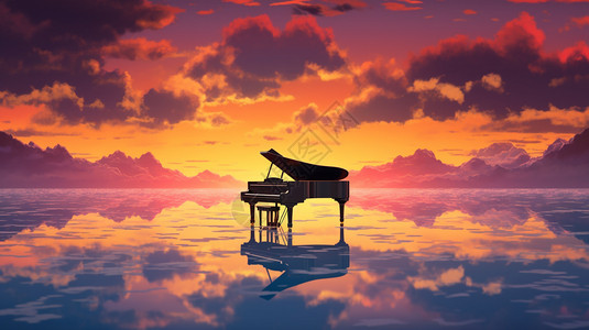 日落时分上的钢琴图片
