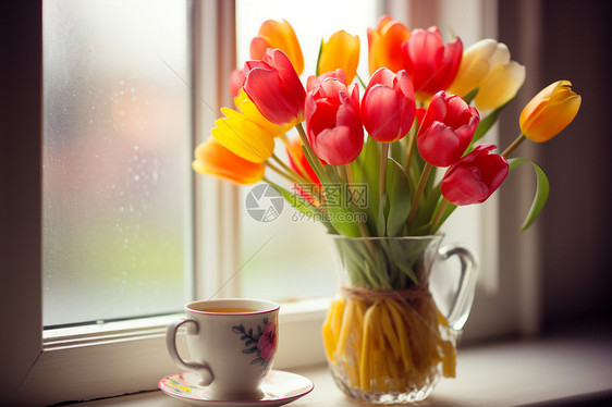 窗台上的花束和咖啡图片