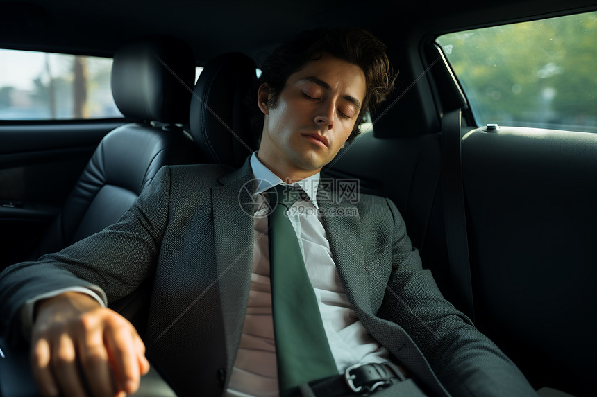 睡在汽车里的商人图片