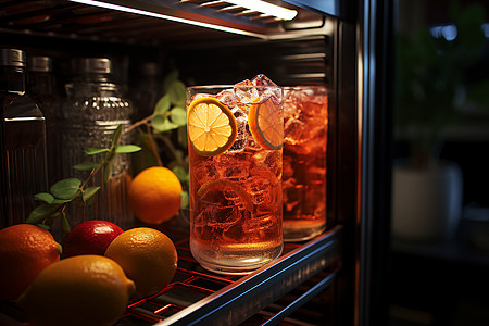 冰箱中的饮料冰箱中的饮品和水果背景