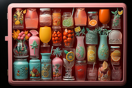 冰箱中的水果和罐子图片