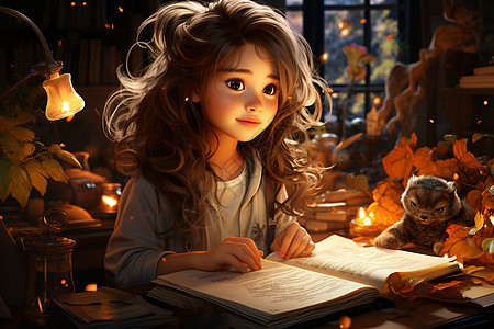 正在看书学习的小女孩图片